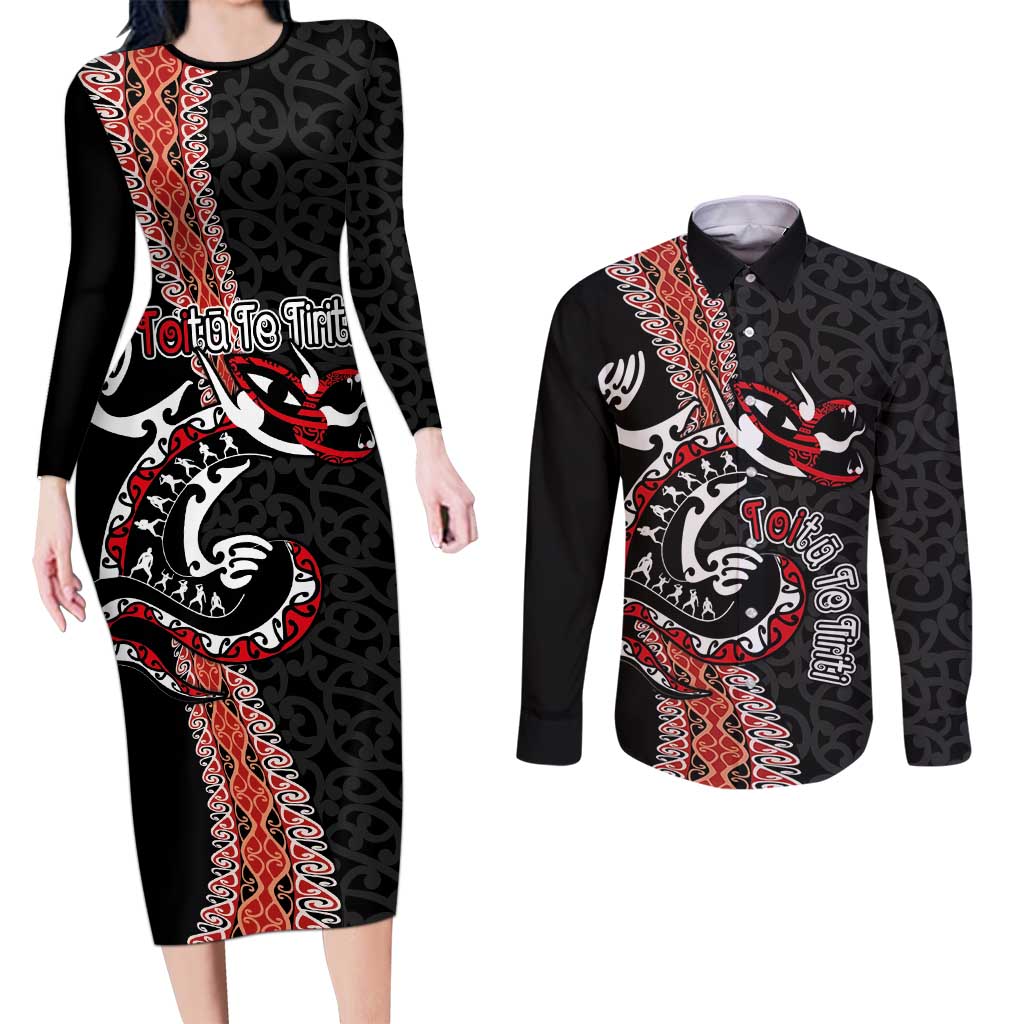 Aotearoa Toitu Te Tiriti Couples Matching Long Sleeve Bodycon Dress and Long Sleeve Button Shirt Maori Taniwha Haka - Honour the Treaty LT03 Black - Polynesian Pride