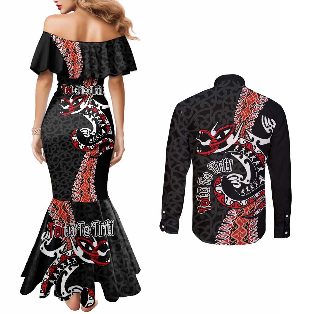 Aotearoa Toitu Te Tiriti Couples Matching Mermaid Dress and Long Sleeve Button Shirt Maori Taniwha Haka - Honour the Treaty LT03 - Polynesian Pride