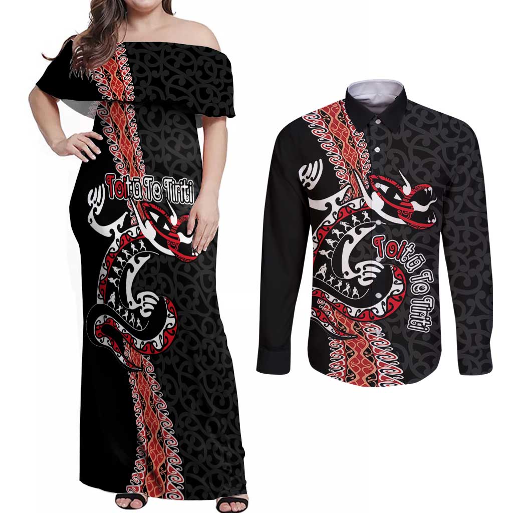 Aotearoa Toitu Te Tiriti Couples Matching Off Shoulder Maxi Dress and Long Sleeve Button Shirt Maori Taniwha Haka - Honour the Treaty LT03 Black - Polynesian Pride