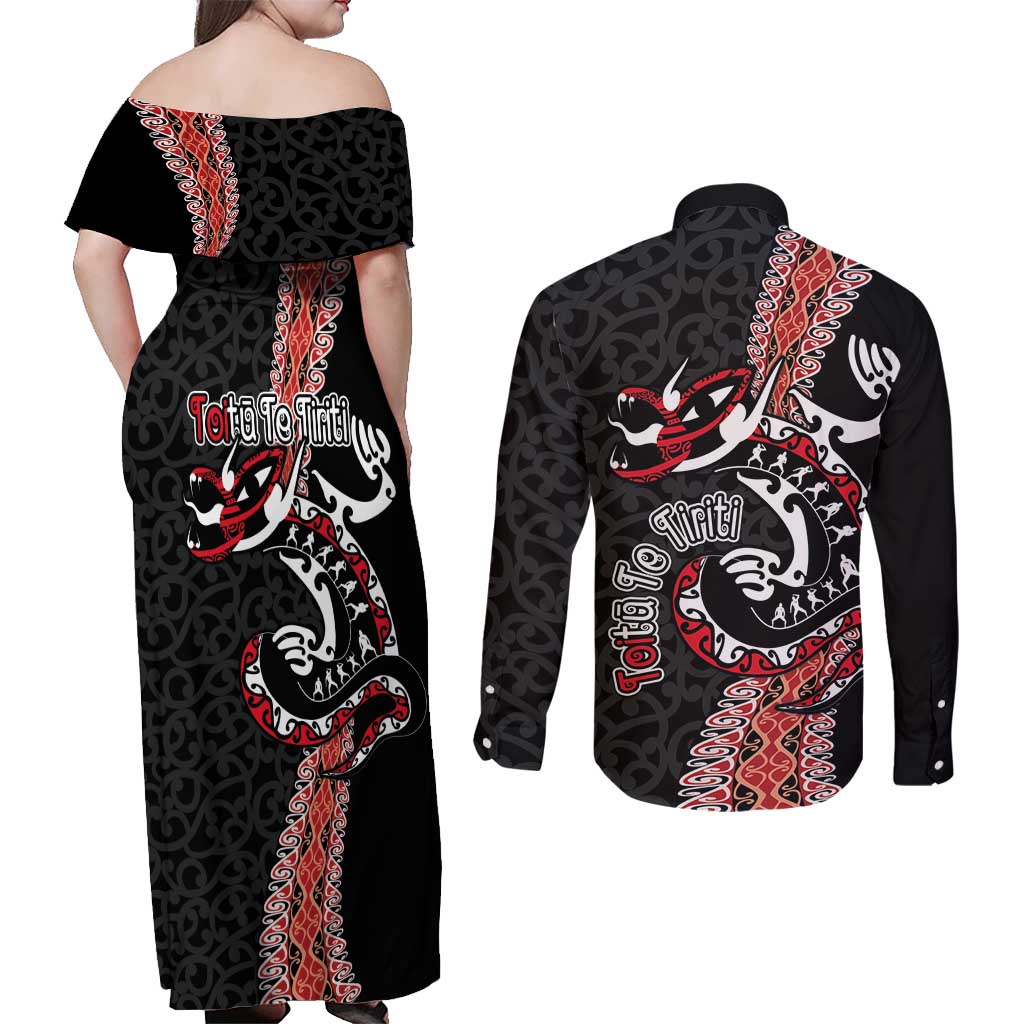 Aotearoa Toitu Te Tiriti Couples Matching Off Shoulder Maxi Dress and Long Sleeve Button Shirt Maori Taniwha Haka - Honour the Treaty LT03 - Polynesian Pride