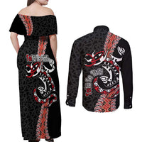 Aotearoa Toitu Te Tiriti Couples Matching Off Shoulder Maxi Dress and Long Sleeve Button Shirt Maori Taniwha Haka - Honour the Treaty LT03 - Polynesian Pride