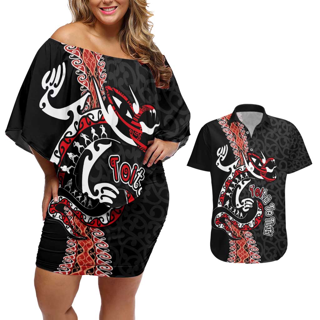 Aotearoa Toitu Te Tiriti Couples Matching Off Shoulder Short Dress and Hawaiian Shirt Maori Taniwha Haka - Honour the Treaty LT03 Black - Polynesian Pride