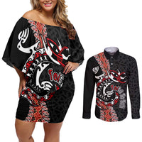 Aotearoa Toitu Te Tiriti Couples Matching Off Shoulder Short Dress and Long Sleeve Button Shirt Maori Taniwha Haka - Honour the Treaty LT03 Black - Polynesian Pride