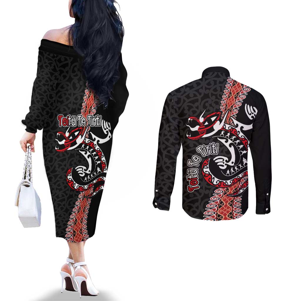 Aotearoa Toitu Te Tiriti Couples Matching Off The Shoulder Long Sleeve Dress and Long Sleeve Button Shirt Maori Taniwha Haka - Honour the Treaty LT03 - Polynesian Pride