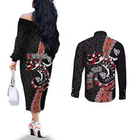 Aotearoa Toitu Te Tiriti Couples Matching Off The Shoulder Long Sleeve Dress and Long Sleeve Button Shirt Maori Taniwha Haka - Honour the Treaty LT03 - Polynesian Pride