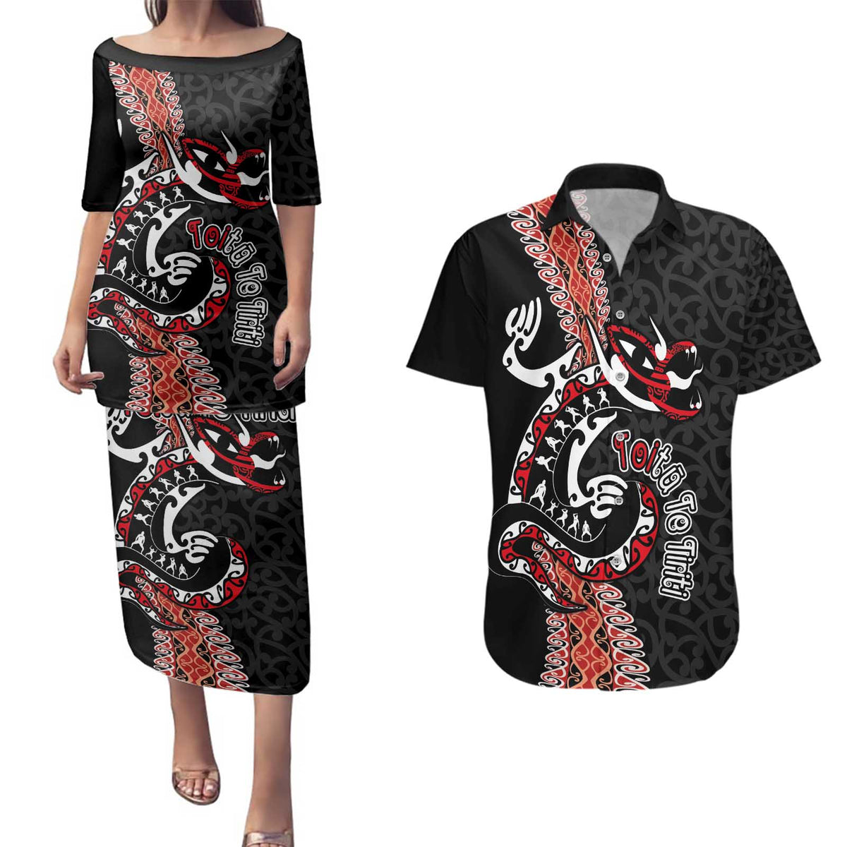 Aotearoa Toitu Te Tiriti Couples Matching Puletasi and Hawaiian Shirt Maori Taniwha Haka - Honour the Treaty LT03 Black - Polynesian Pride
