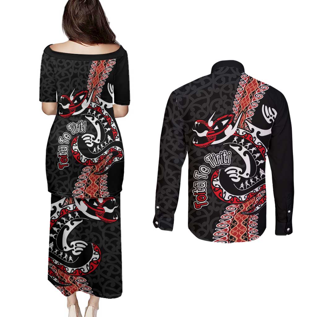 Aotearoa Toitu Te Tiriti Couples Matching Puletasi and Long Sleeve Button Shirt Maori Taniwha Haka - Honour the Treaty LT03 - Polynesian Pride