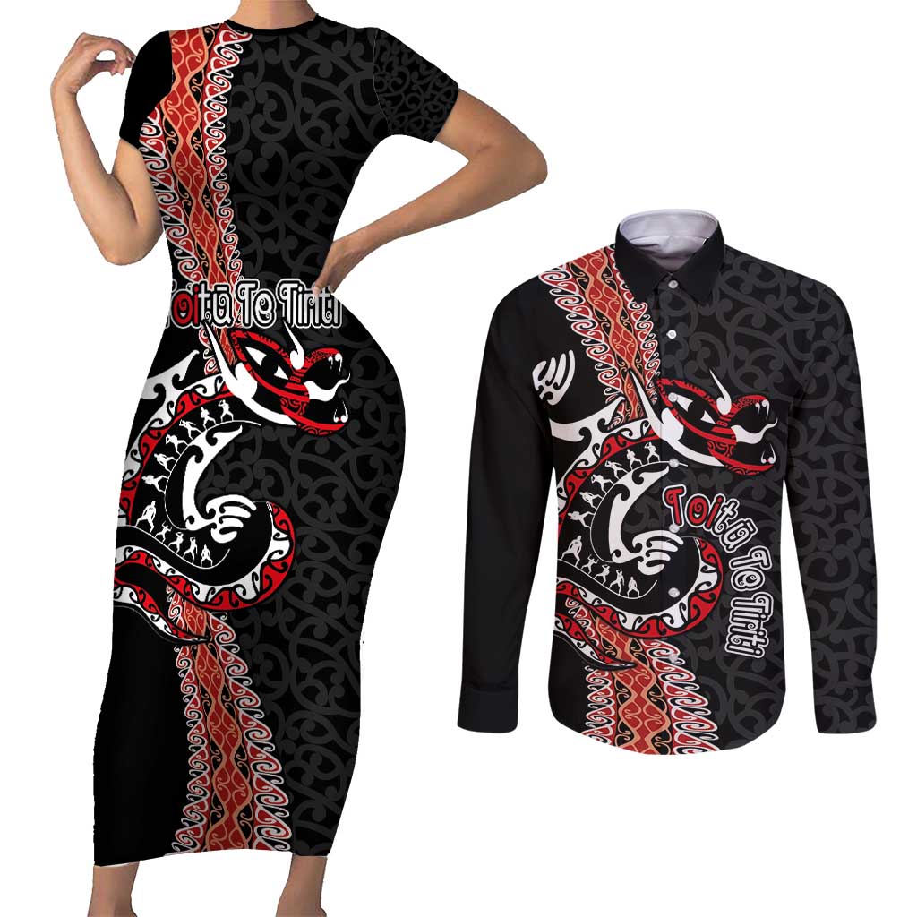 Aotearoa Toitu Te Tiriti Couples Matching Short Sleeve Bodycon Dress and Long Sleeve Button Shirt Maori Taniwha Haka - Honour the Treaty LT03 Black - Polynesian Pride