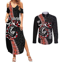 Aotearoa Toitu Te Tiriti Couples Matching Summer Maxi Dress and Long Sleeve Button Shirt Maori Taniwha Haka - Honour the Treaty LT03 Black - Polynesian Pride