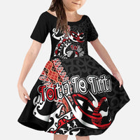 Aotearoa Toitu Te Tiriti Family Matching Off The Shoulder Long Sleeve Dress and Hawaiian Shirt Maori Taniwha Haka - Honour the Treaty LT03 Daughter's Dress Black - Polynesian Pride