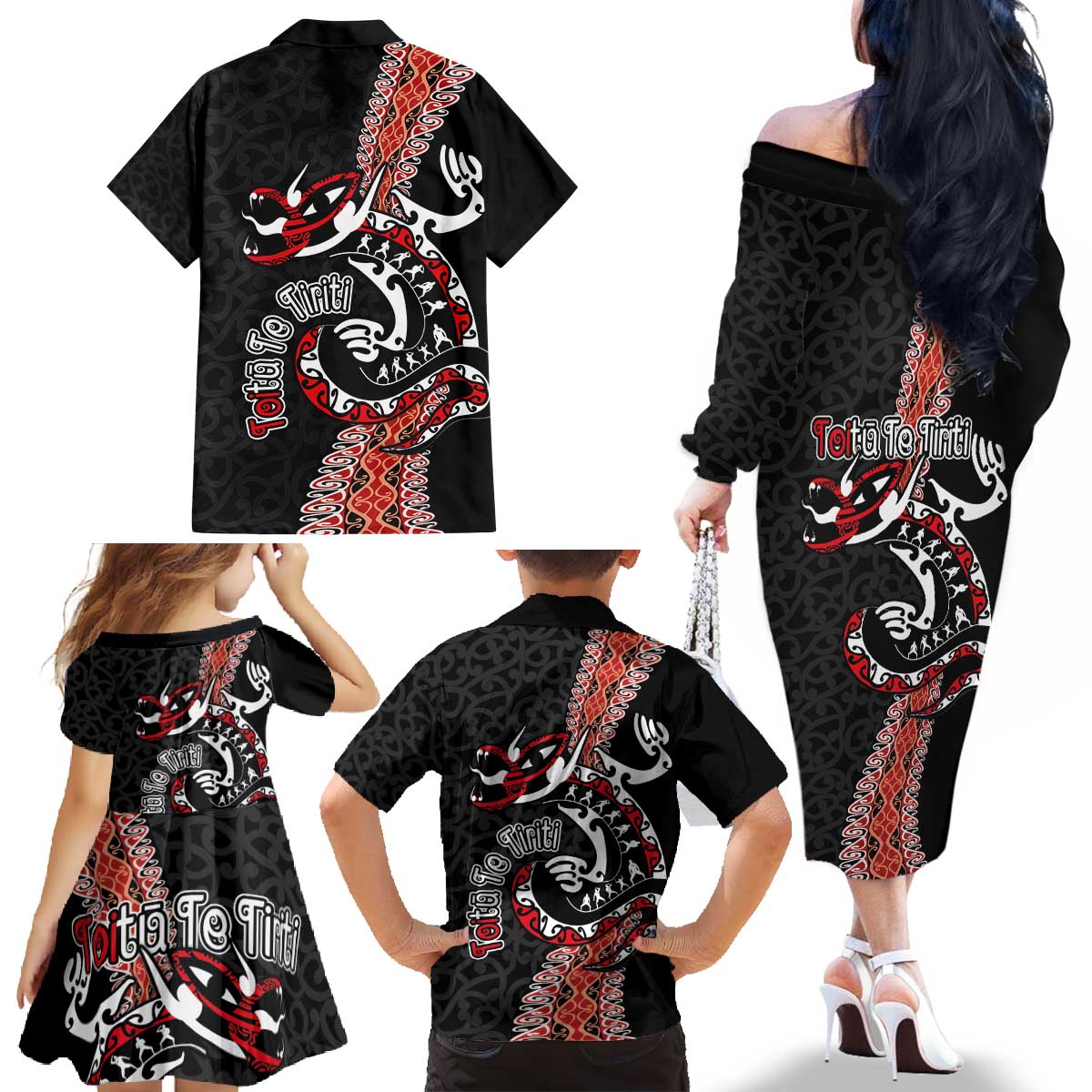 Aotearoa Toitu Te Tiriti Family Matching Off The Shoulder Long Sleeve Dress and Hawaiian Shirt Maori Taniwha Haka - Honour the Treaty LT03 - Polynesian Pride