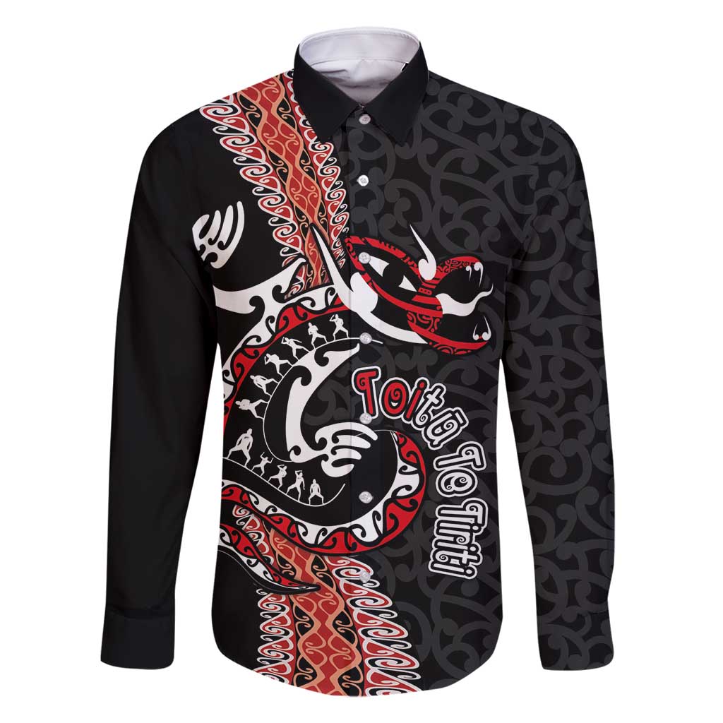 Aotearoa Toitu Te Tiriti Family Matching Off Shoulder Maxi Dress and Hawaiian Shirt Maori Taniwha Haka - Honour the Treaty LT03 Dad's Shirt - Long Sleeve Black - Polynesian Pride