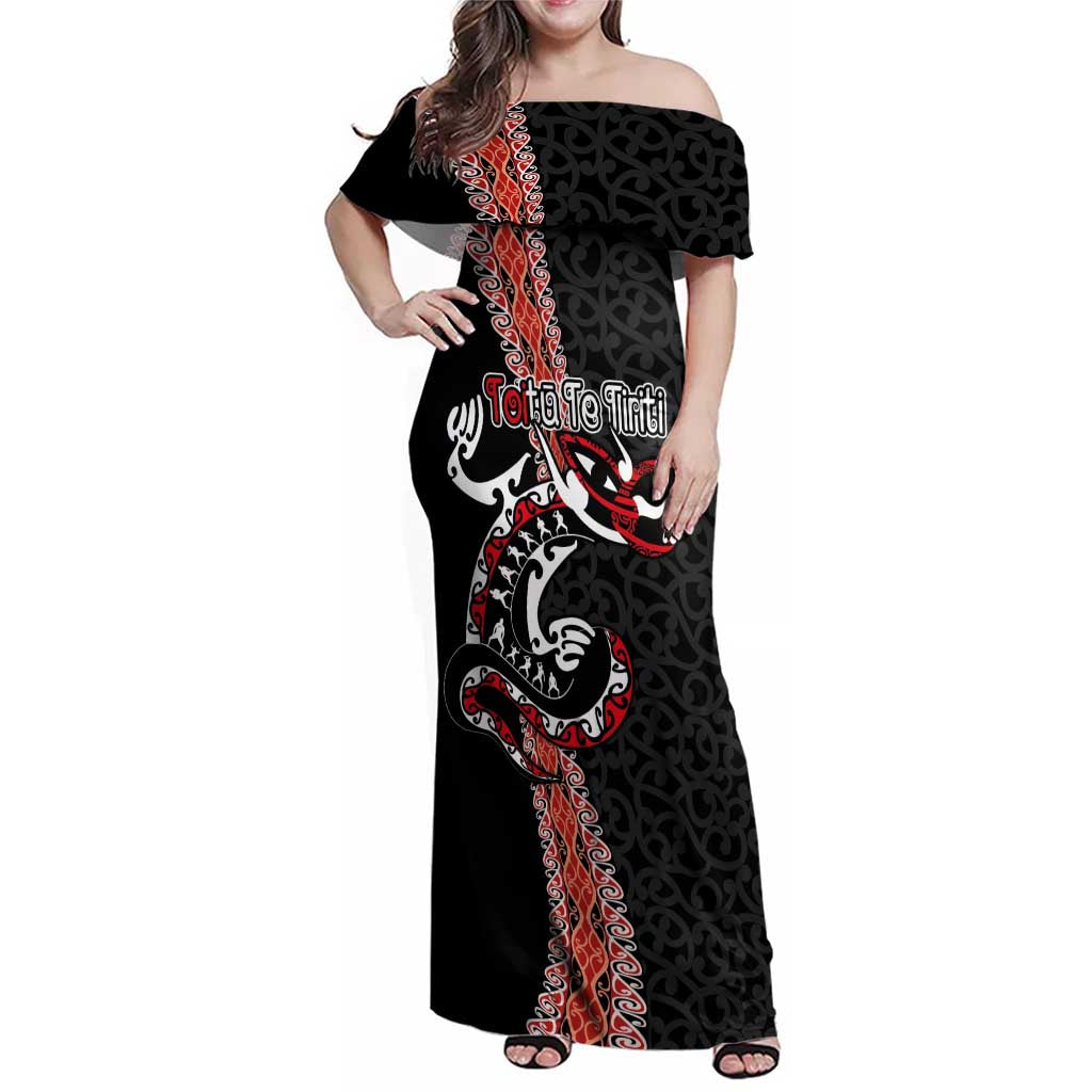 Aotearoa Toitu Te Tiriti Family Matching Off Shoulder Maxi Dress and Hawaiian Shirt Maori Taniwha Haka - Honour the Treaty LT03 Mom's Dress Black - Polynesian Pride