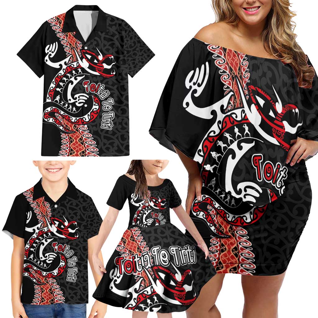 Aotearoa Toitu Te Tiriti Family Matching Off Shoulder Short Dress and Hawaiian Shirt Maori Taniwha Haka - Honour the Treaty LT03 - Polynesian Pride