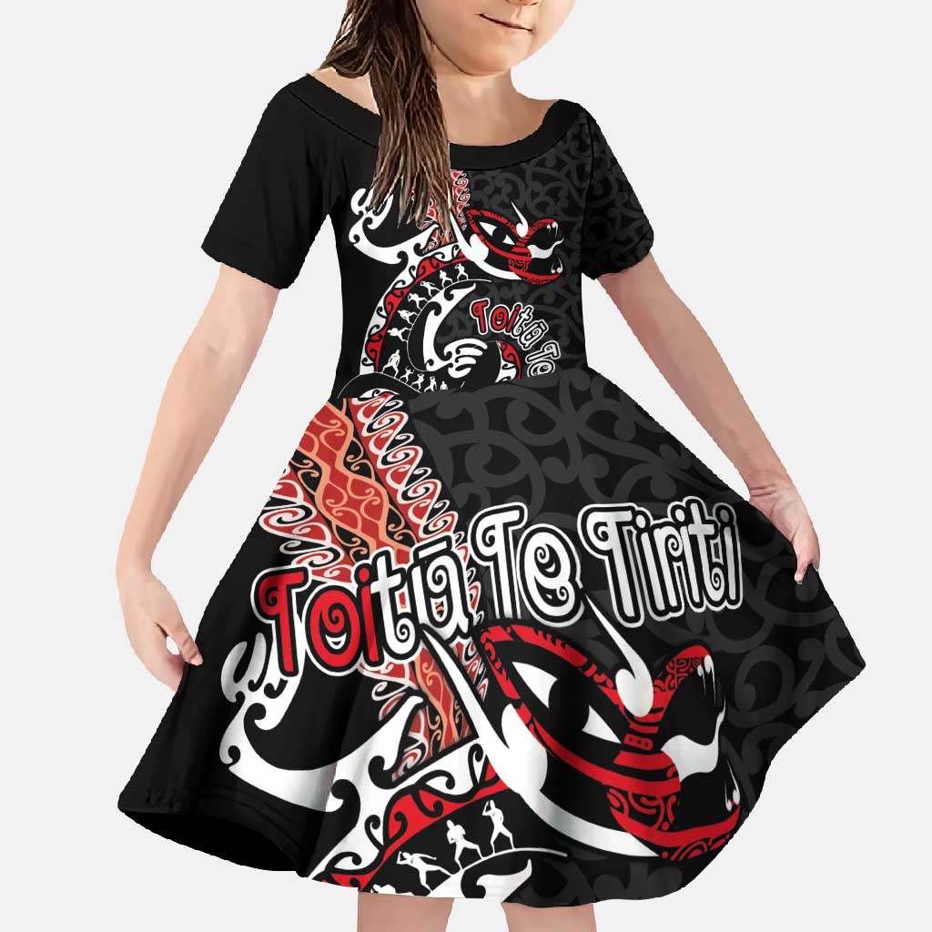 Aotearoa Toitu Te Tiriti Family Matching Tank Maxi Dress and Hawaiian Shirt Maori Taniwha Haka - Honour the Treaty LT03 Daughter's Dress Black - Polynesian Pride
