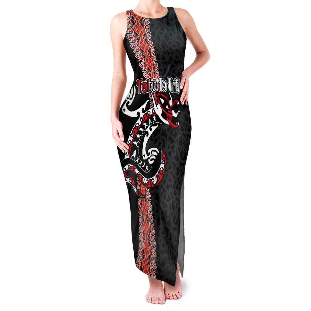 Aotearoa Toitu Te Tiriti Family Matching Tank Maxi Dress and Hawaiian Shirt Maori Taniwha Haka - Honour the Treaty LT03 Mom's Dress Black - Polynesian Pride