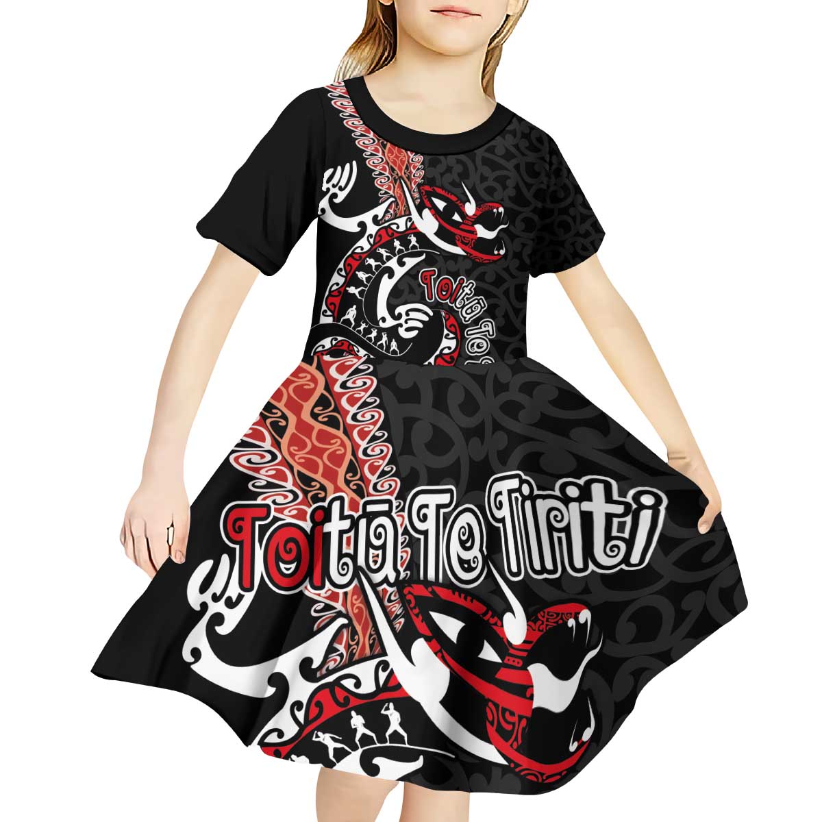 Aotearoa Toitu Te Tiriti Kid Short Sleeve Dress Maori Taniwha Haka - Honour the Treaty LT03 - Polynesian Pride