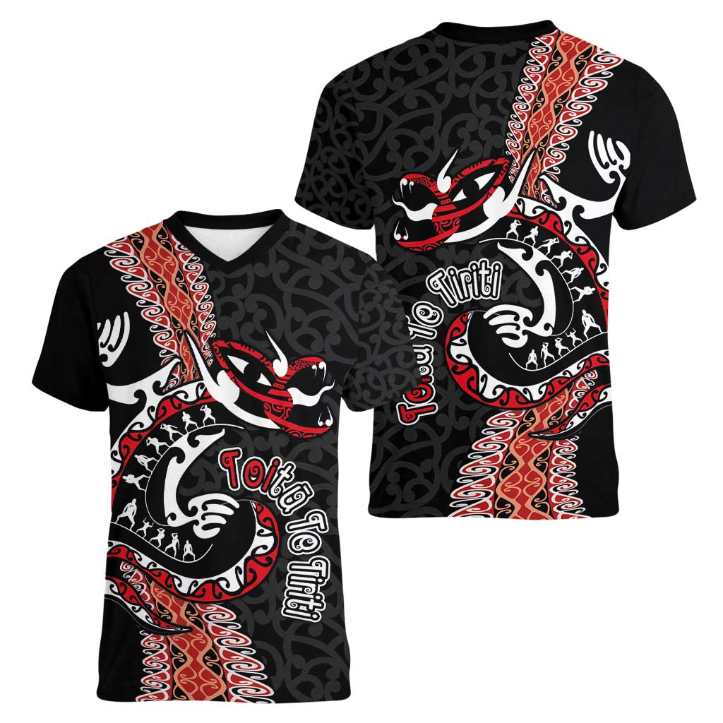 Aotearoa Toitu Te Tiriti Women V-Neck T-Shirt Maori Taniwha Haka - Honour the Treaty LT03 - Polynesian Pride