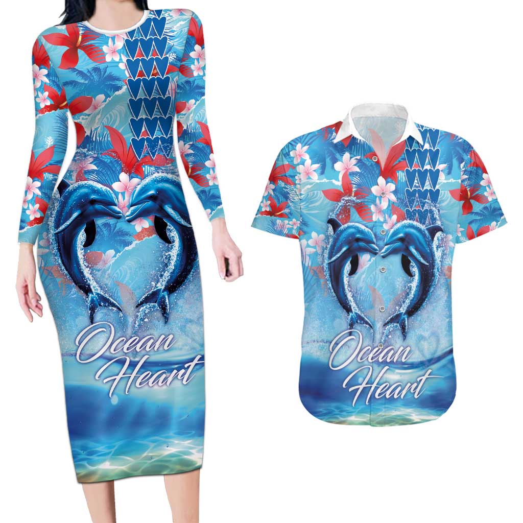 Hawaiian Dolphin Love Couple - Ocean Heart Couples Matching Long Sleeve Bodycon Dress and Hawaiian Shirt LT03 Blue - Polynesian Pride