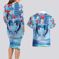 Hawaiian Dolphin Love Couple - Ocean Heart Couples Matching Long Sleeve Bodycon Dress and Hawaiian Shirt LT03 - Polynesian Pride