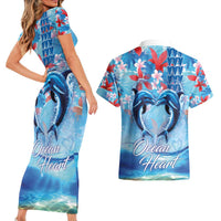 Hawaiian Dolphin Love Couple - Ocean Heart Couples Matching Short Sleeve Bodycon Dress and Hawaiian Shirt LT03 - Polynesian Pride