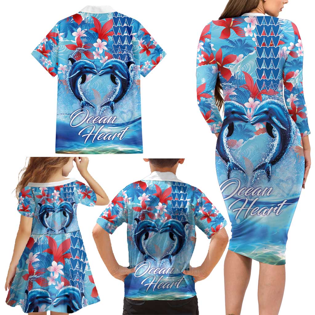 Hawaiian Dolphin Love Couple - Ocean Heart Family Matching Long Sleeve Bodycon Dress and Hawaiian Shirt LT03 - Polynesian Pride