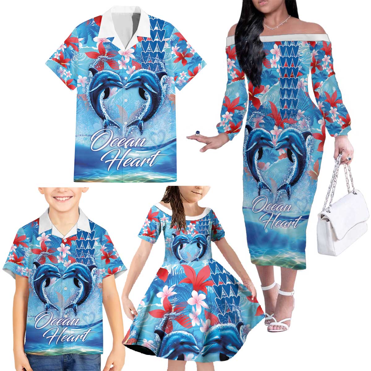 Hawaiian Dolphin Love Couple - Ocean Heart Family Matching Off The Shoulder Long Sleeve Dress and Hawaiian Shirt LT03 - Polynesian Pride