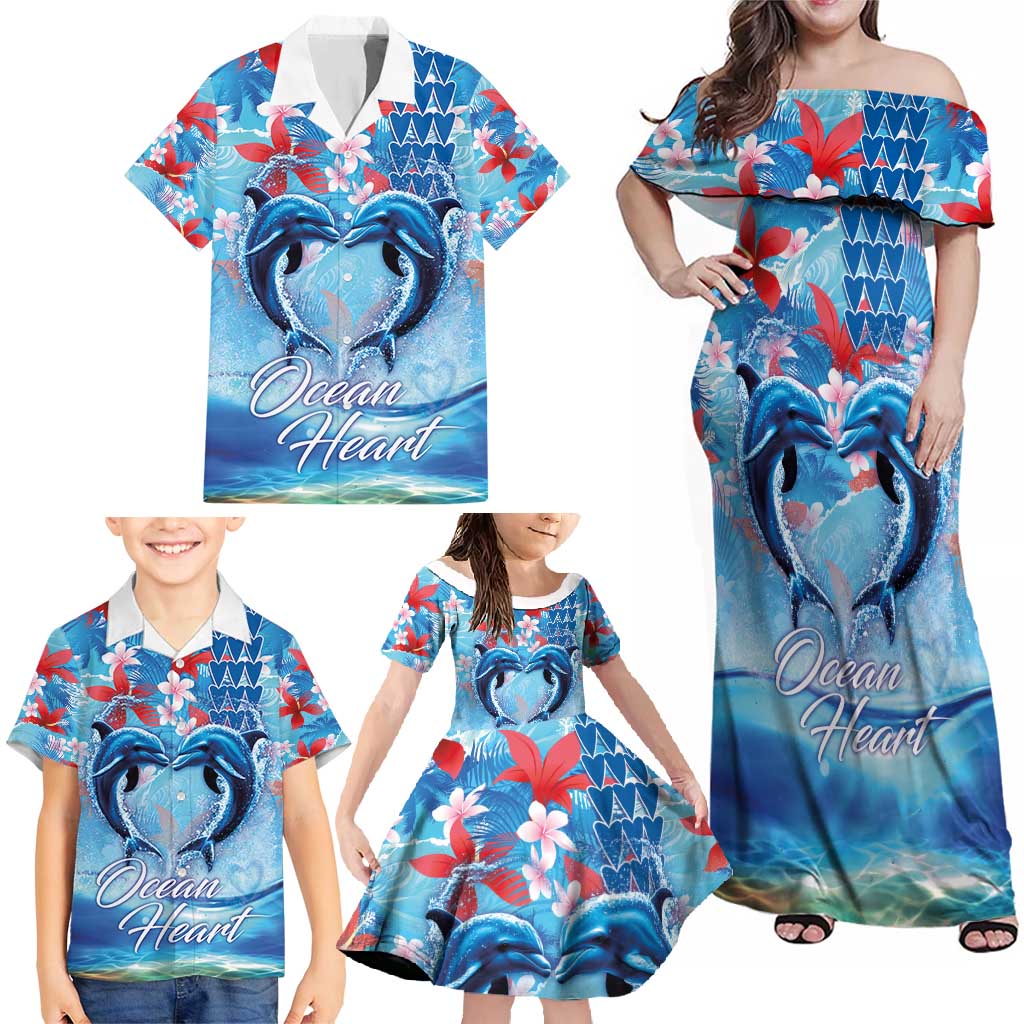 Hawaiian Dolphin Love Couple - Ocean Heart Family Matching Off Shoulder Maxi Dress and Hawaiian Shirt LT03 - Polynesian Pride