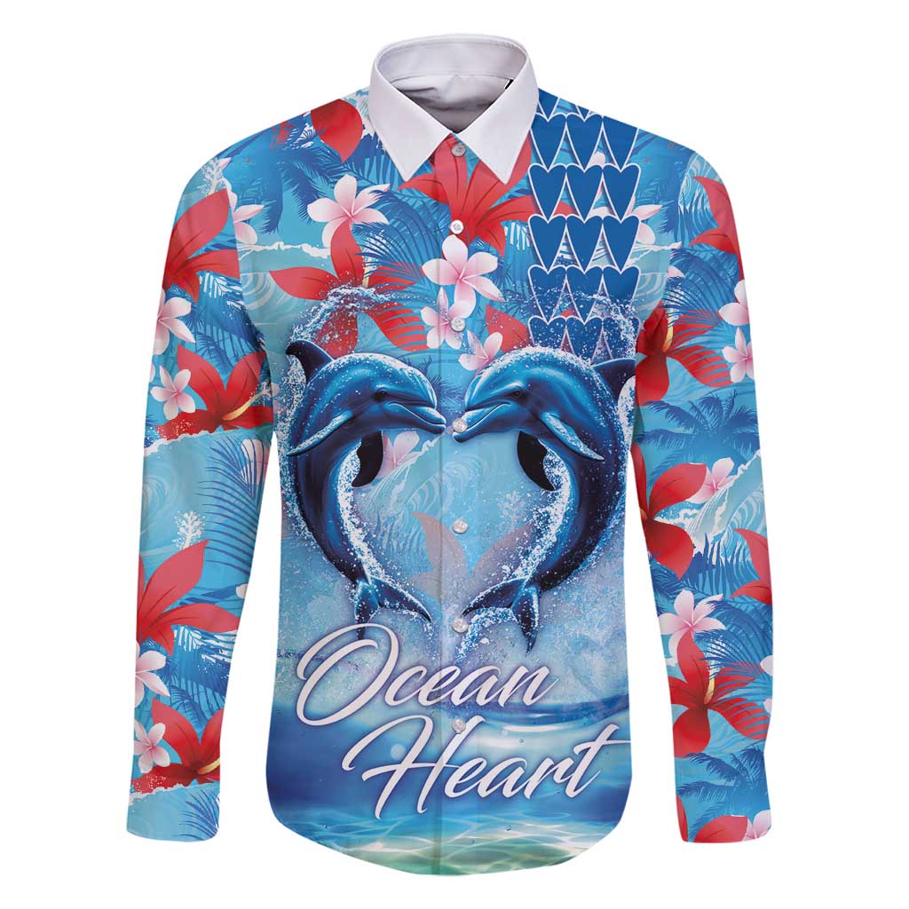 Hawaiian Dolphin Love Couple - Ocean Heart Family Matching Off Shoulder Maxi Dress and Hawaiian Shirt LT03 Dad's Shirt - Long Sleeve Blue - Polynesian Pride