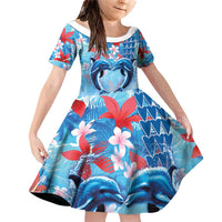 Hawaiian Dolphin Love Couple - Ocean Heart Family Matching Off Shoulder Short Dress and Hawaiian Shirt LT03 Daughter's Dress Blue - Polynesian Pride