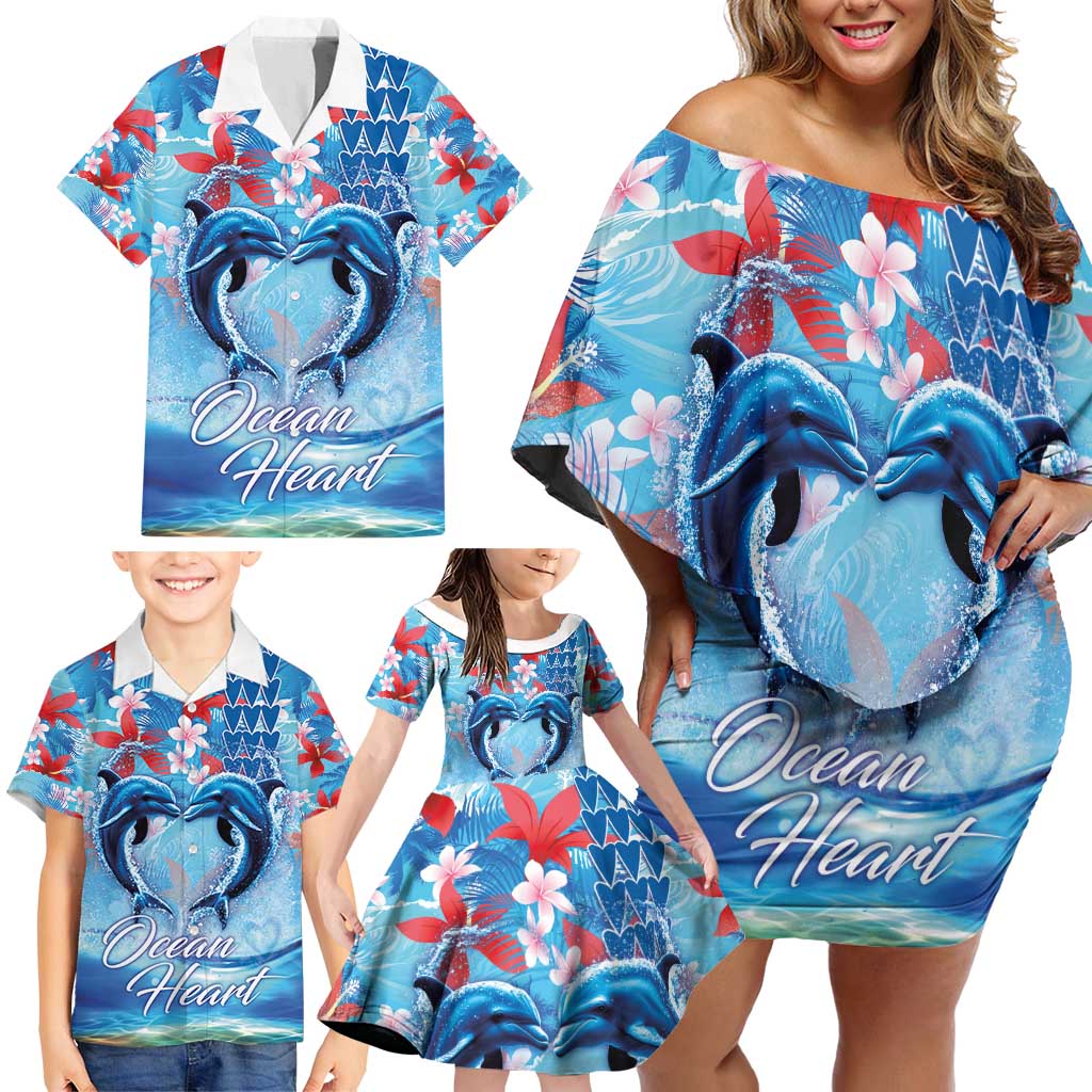 Hawaiian Dolphin Love Couple - Ocean Heart Family Matching Off Shoulder Short Dress and Hawaiian Shirt LT03 - Polynesian Pride