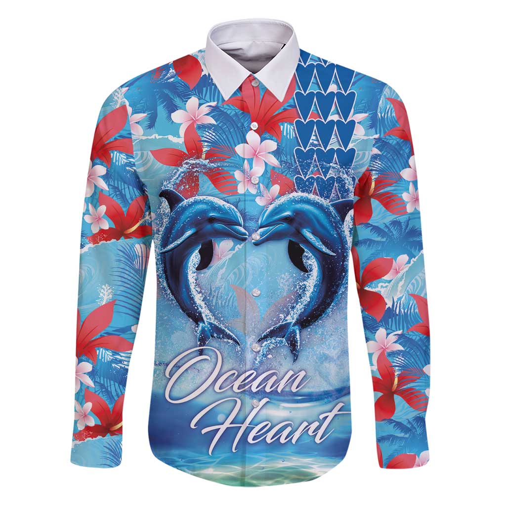 Hawaiian Dolphin Love Couple - Ocean Heart Family Matching Puletasi and Hawaiian Shirt LT03 Dad's Shirt - Long Sleeve Blue - Polynesian Pride