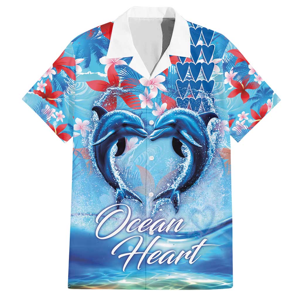 Hawaiian Dolphin Love Couple - Ocean Heart Family Matching Short Sleeve Bodycon Dress and Hawaiian Shirt LT03 Dad's Shirt - Short Sleeve Blue - Polynesian Pride