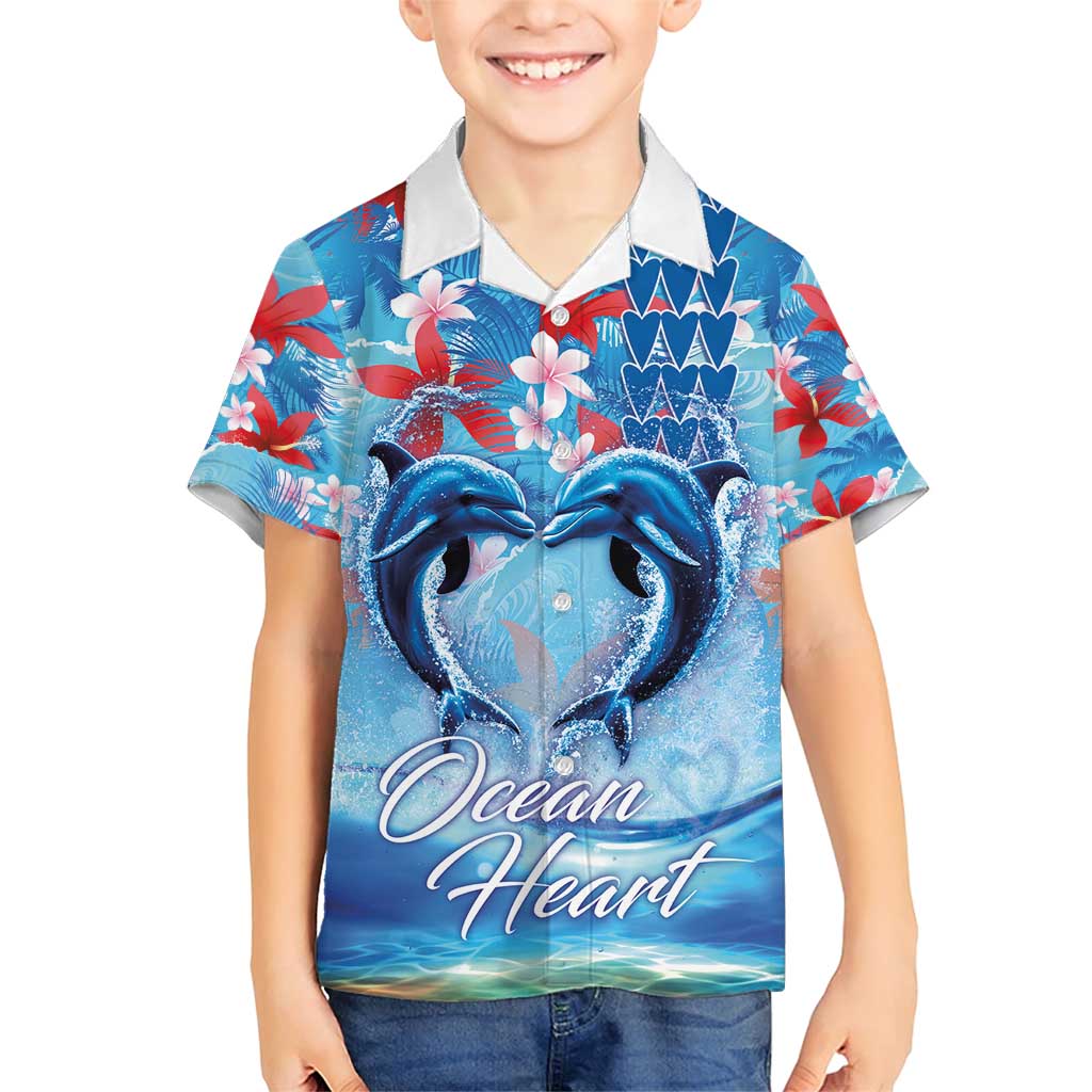 Hawaiian Dolphin Love Couple - Ocean Heart Family Matching Short Sleeve Bodycon Dress and Hawaiian Shirt LT03 Son's Shirt Blue - Polynesian Pride
