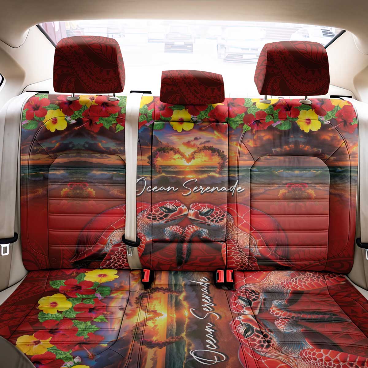 Hawaiian Turtle Love Couple Back Car Seat Cover Ocean Serenade - Honu Honi Ihu with Hibiscus and Romantic Sunset Red Color LT03 - Polynesian Pride