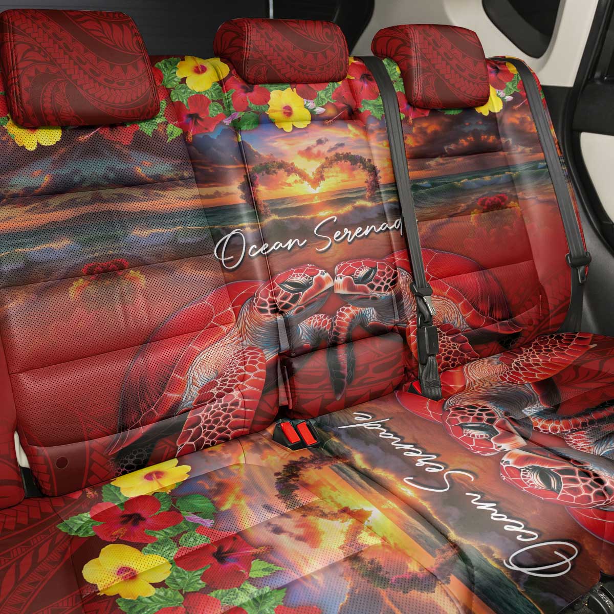 Hawaiian Turtle Love Couple Back Car Seat Cover Ocean Serenade - Honu Honi Ihu with Hibiscus and Romantic Sunset Red Color LT03 - Polynesian Pride