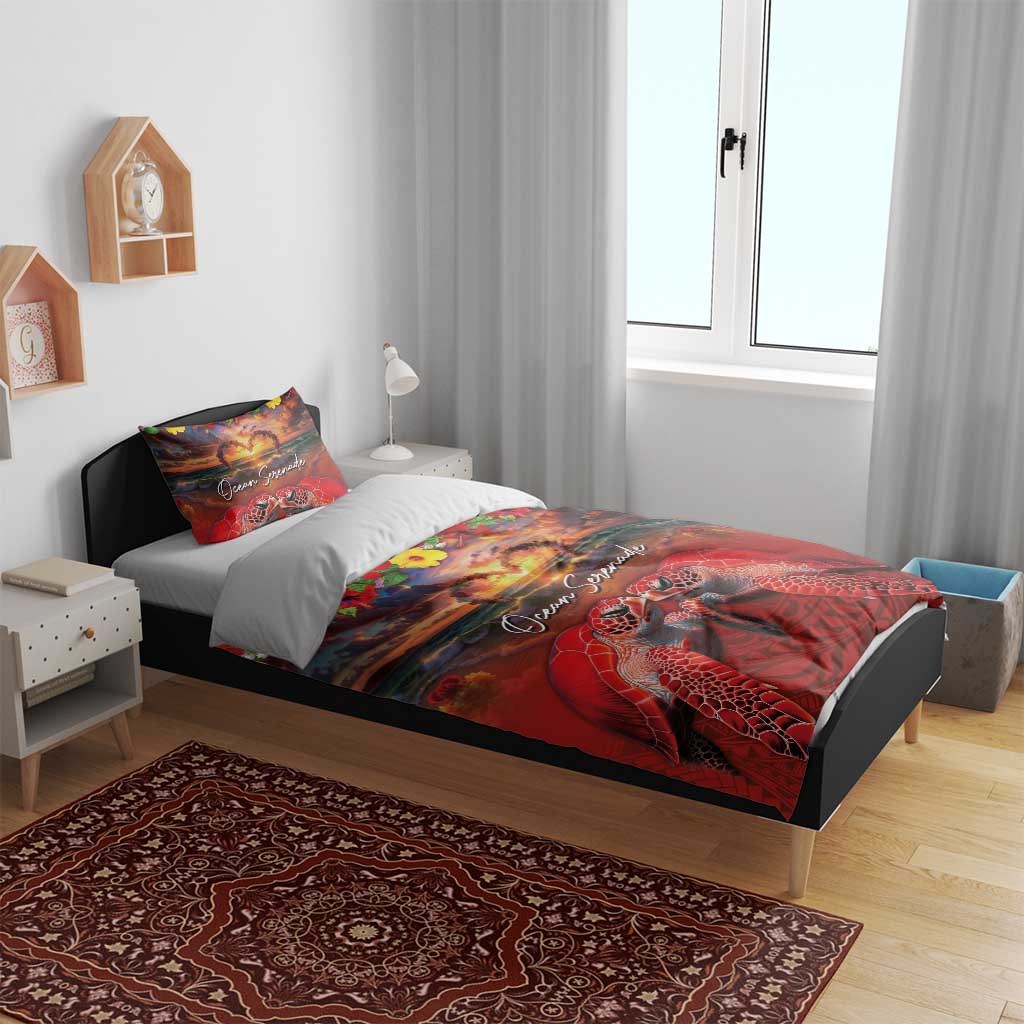 Hawaiian Turtle Love Couple Bedding Set Ocean Serenade - Honu Honi Ihu with Hibiscus and Romantic Sunset Red Color