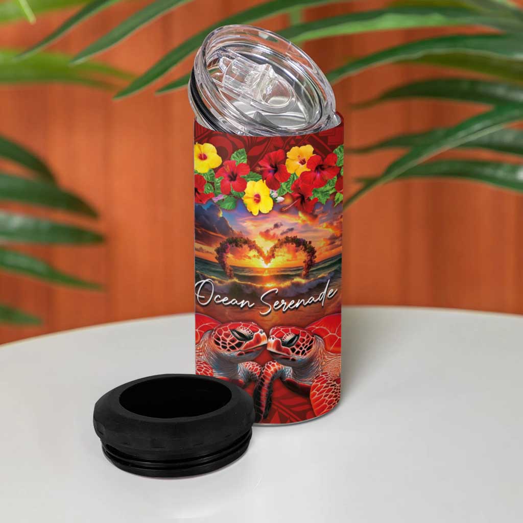 Hawaiian Turtle Love Couple 4 in 1 Can Cooler Tumbler Ocean Serenade - Honu Honi Ihu with Hibiscus and Romantic Sunset Red Color LT03 - Polynesian Pride