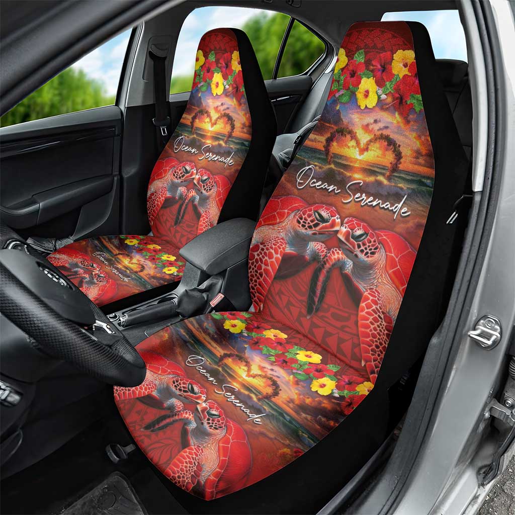 Hawaiian Turtle Love Couple Car Seat Cover Ocean Serenade - Honu Honi Ihu with Hibiscus and Romantic Sunset Red Color LT03 - Polynesian Pride