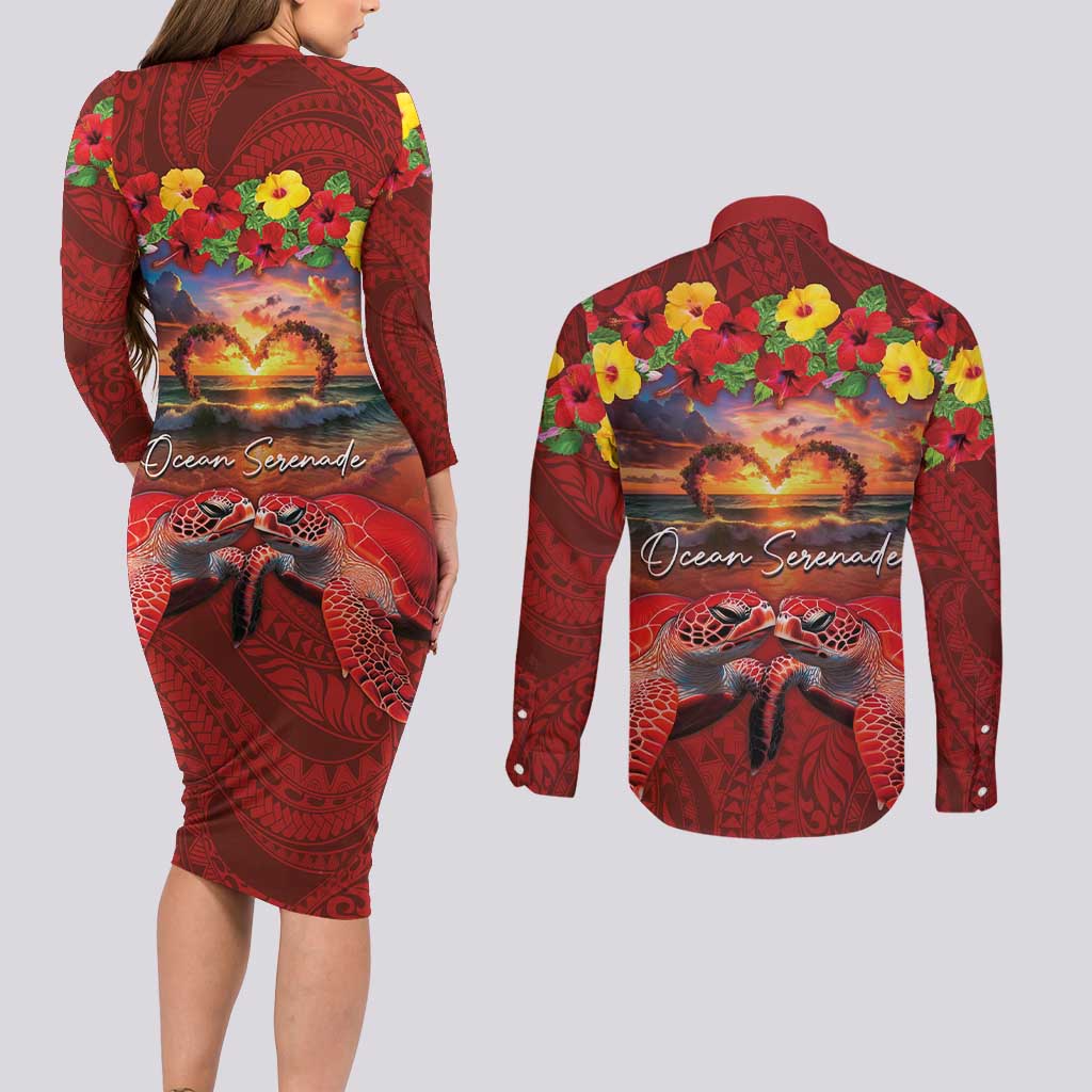 Hawaiian Turtle Love Couple Couples Matching Long Sleeve Bodycon Dress and Long Sleeve Button Shirt Ocean Serenade - Honu Honi Ihu with Hibiscus and Romantic Sunset Red Color LT03 - Polynesian Pride