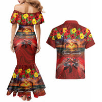 Hawaiian Turtle Love Couple Couples Matching Mermaid Dress and Hawaiian Shirt Ocean Serenade - Honu Honi Ihu with Hibiscus and Romantic Sunset Red Color LT03 - Polynesian Pride