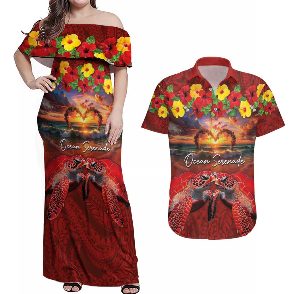 Hawaiian Turtle Love Couple Couples Matching Off Shoulder Maxi Dress and Hawaiian Shirt Ocean Serenade - Honu Honi Ihu with Hibiscus and Romantic Sunset Red Color LT03 Red - Polynesian Pride