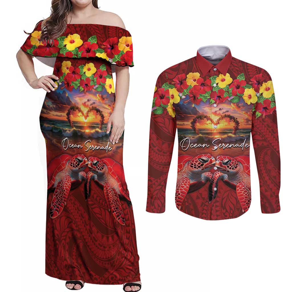 Hawaiian Turtle Love Couple Couples Matching Off Shoulder Maxi Dress and Long Sleeve Button Shirt Ocean Serenade - Honu Honi Ihu with Hibiscus and Romantic Sunset Red Color LT03 Red - Polynesian Pride