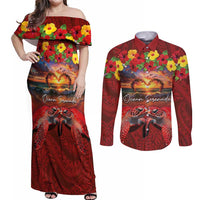 Hawaiian Turtle Love Couple Couples Matching Off Shoulder Maxi Dress and Long Sleeve Button Shirt Ocean Serenade - Honu Honi Ihu with Hibiscus and Romantic Sunset Red Color LT03 Red - Polynesian Pride