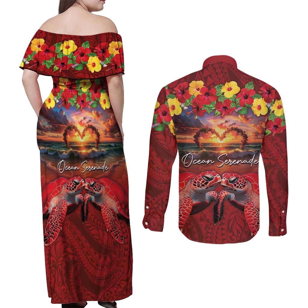 Hawaiian Turtle Love Couple Couples Matching Off Shoulder Maxi Dress and Long Sleeve Button Shirt Ocean Serenade - Honu Honi Ihu with Hibiscus and Romantic Sunset Red Color LT03 - Polynesian Pride