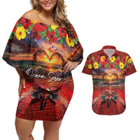 Hawaiian Turtle Love Couple Couples Matching Off Shoulder Short Dress and Hawaiian Shirt Ocean Serenade - Honu Honi Ihu with Hibiscus and Romantic Sunset Red Color LT03 Red - Polynesian Pride