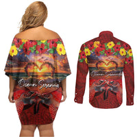 Hawaiian Turtle Love Couple Couples Matching Off Shoulder Short Dress and Long Sleeve Button Shirt Ocean Serenade - Honu Honi Ihu with Hibiscus and Romantic Sunset Red Color LT03 - Polynesian Pride