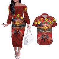 Hawaiian Turtle Love Couple Couples Matching Off The Shoulder Long Sleeve Dress and Hawaiian Shirt Ocean Serenade - Honu Honi Ihu with Hibiscus and Romantic Sunset Red Color LT03 Red - Polynesian Pride