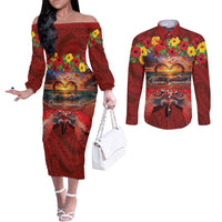 Hawaiian Turtle Love Couple Couples Matching Off The Shoulder Long Sleeve Dress and Long Sleeve Button Shirt Ocean Serenade - Honu Honi Ihu with Hibiscus and Romantic Sunset Red Color LT03 Red - Polynesian Pride
