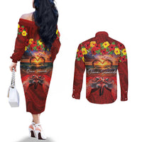 Hawaiian Turtle Love Couple Couples Matching Off The Shoulder Long Sleeve Dress and Long Sleeve Button Shirt Ocean Serenade - Honu Honi Ihu with Hibiscus and Romantic Sunset Red Color LT03 - Polynesian Pride